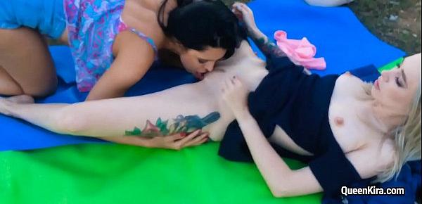  Kira Queen and her sexy tattooed GF plays with sex-toys outdoor
